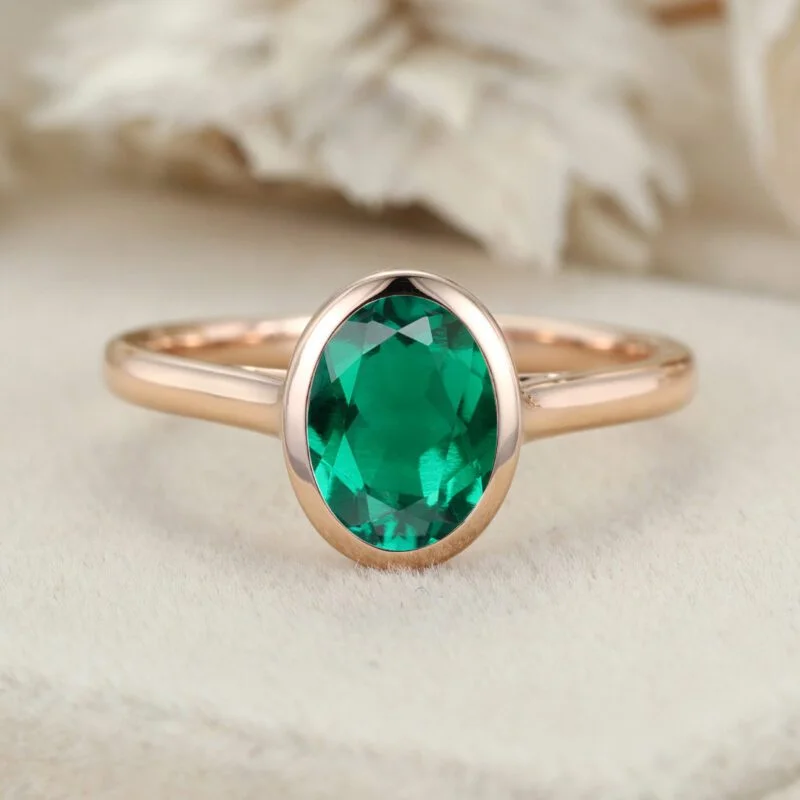 Oval Lab Emerald Engagement Ring Solitaire Ring 14K Rose Gold Emerald Ring Classic Ring May Birthstone Bezel Setting Anniversary Gift