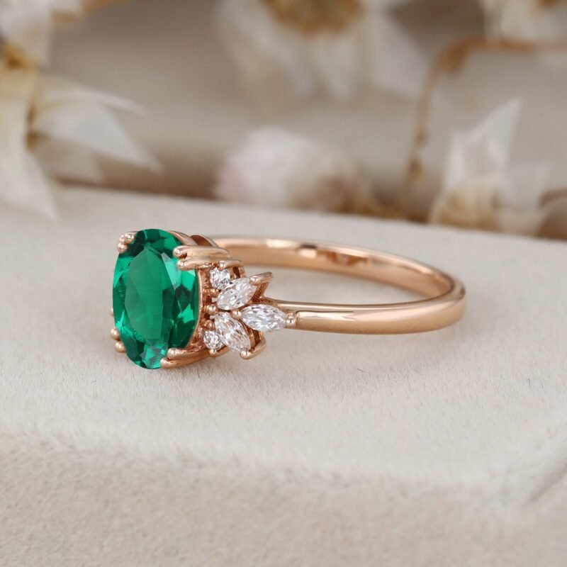 Oval Lab Emerald engagement ring Unique Vintage 14K Rose gold Marquise Moissanite ring art deco diamond wedding band anniversary gift ring