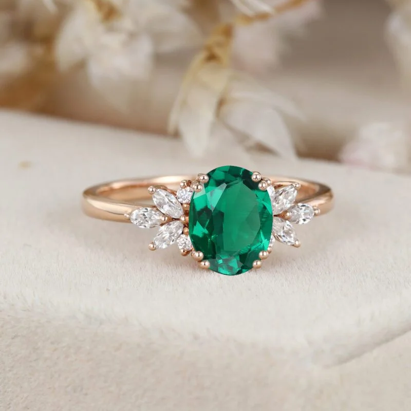 Oval Lab Emerald engagement ring Unique Vintage 14K Rose gold Marquise Moissanite ring art deco diamond wedding band anniversary gift ring