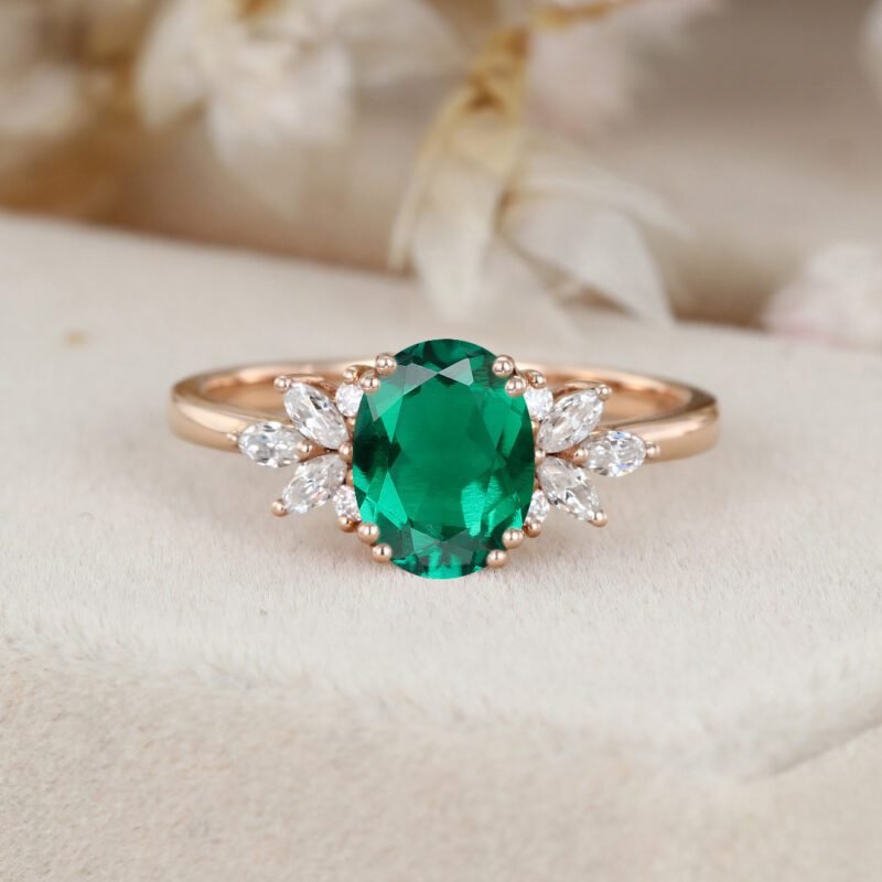 Oval Lab Emerald engagement ring Unique Vintage 14K Rose gold Marquise Moissanite ring art deco diamond wedding band anniversary gift ring