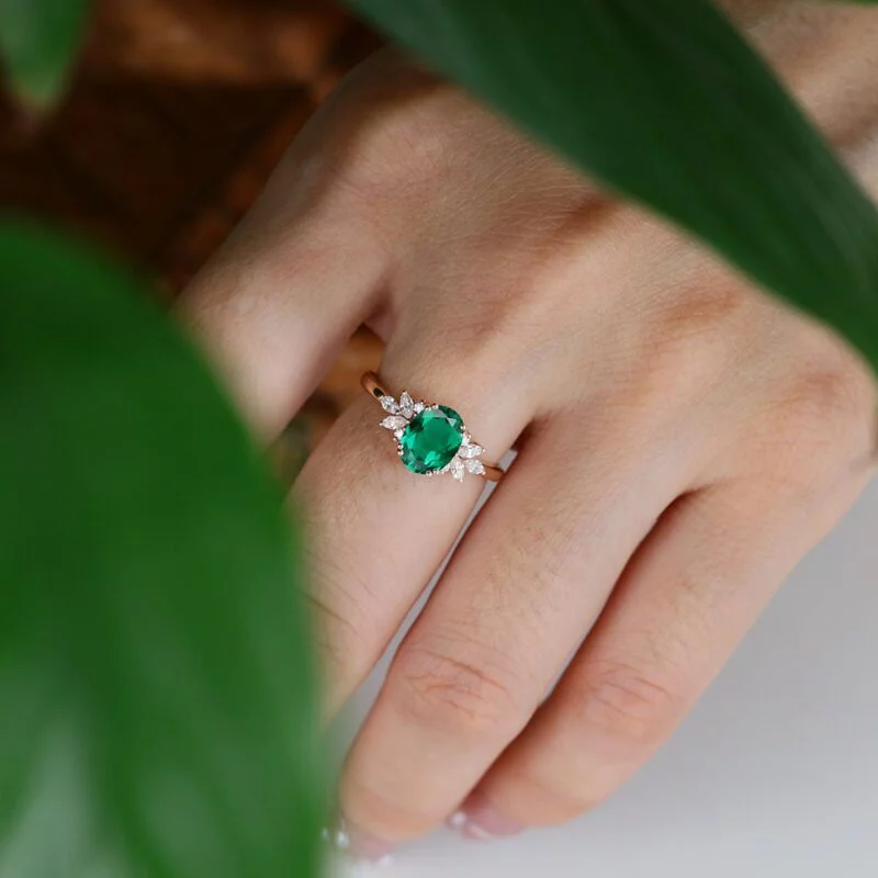 Oval Lab Emerald engagement ring Unique Vintage 14K Rose gold Marquise Moissanite ring art deco diamond wedding band anniversary gift ring