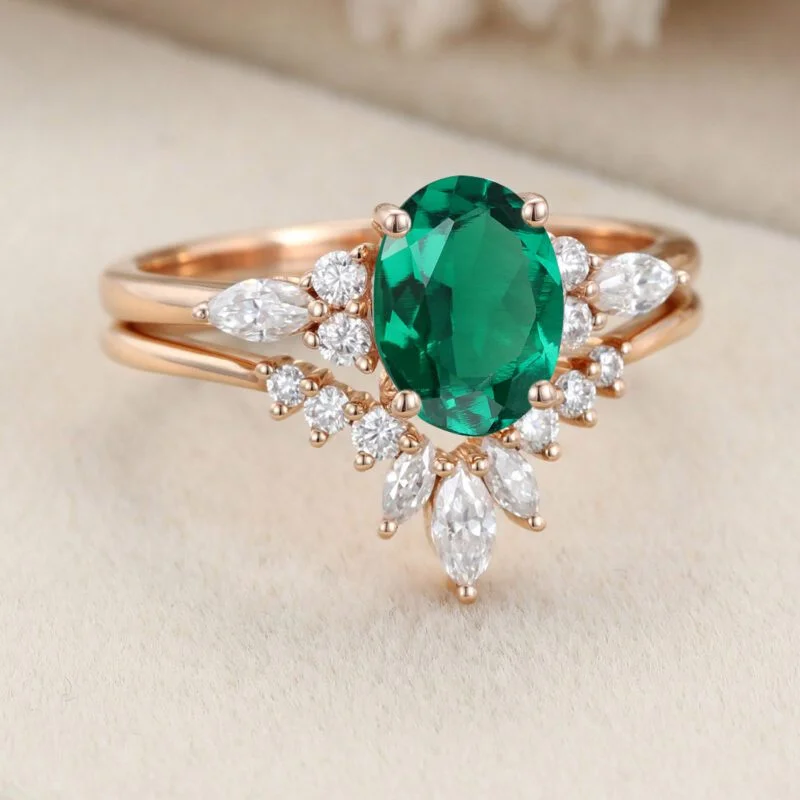 Oval Lab Emerald engagement ring set Unique Vintage Moissanite engagement ring Rose gold cluster ring Bridal Promise Anniversary gift