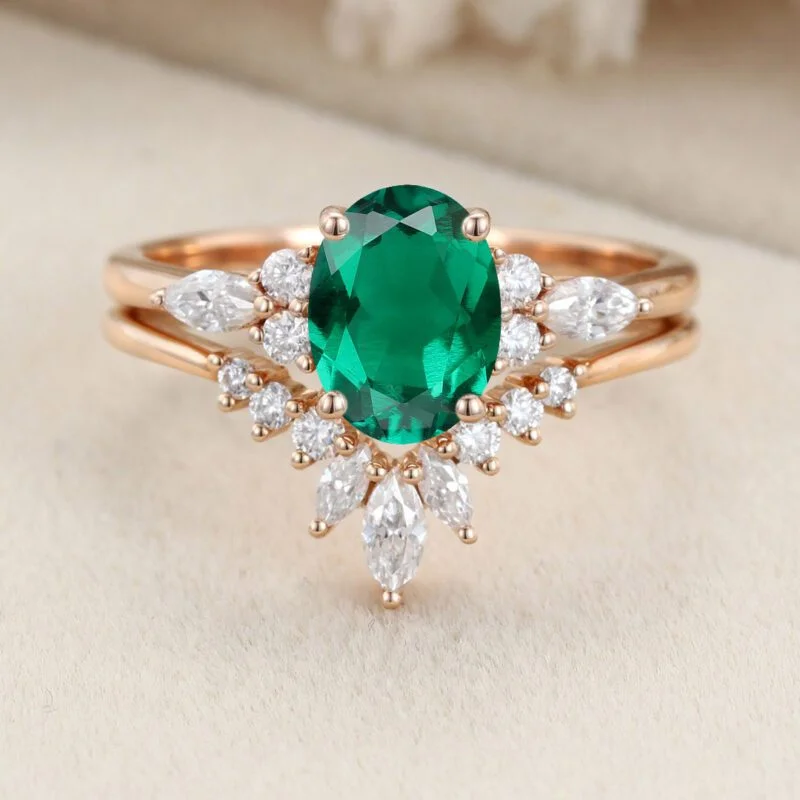 Oval Lab Emerald engagement ring set Unique Vintage Moissanite engagement ring Rose gold cluster ring Bridal Promise Anniversary gift