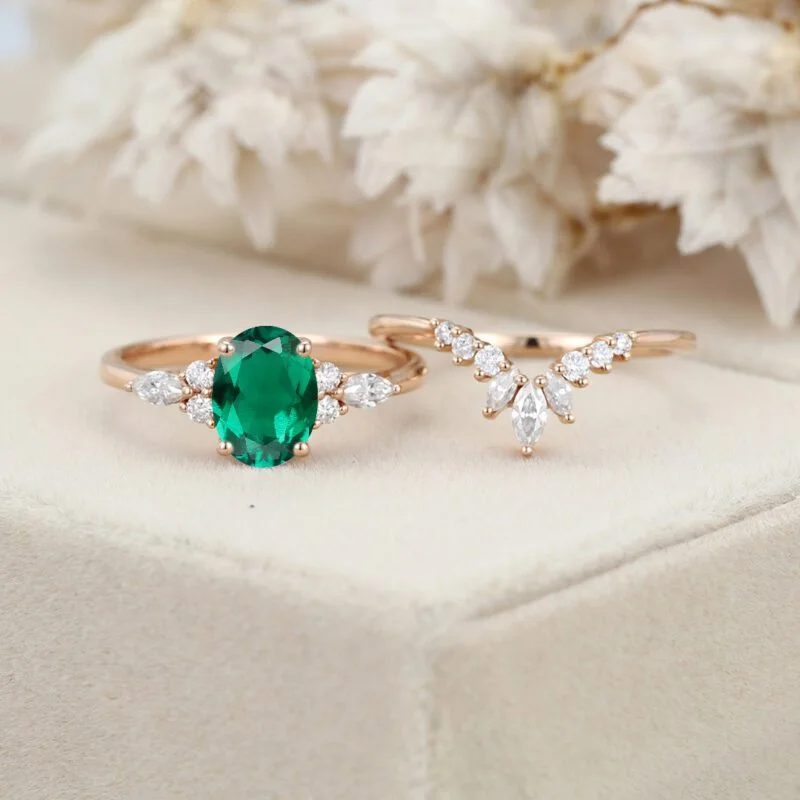 Oval Lab Emerald engagement ring set Unique Vintage Moissanite engagement ring Rose gold cluster ring Bridal Promise Anniversary gift