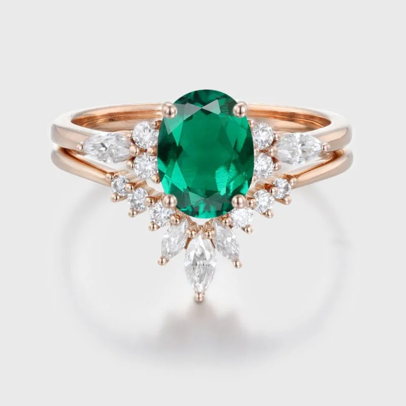 Oval Lab Emerald engagement ring set Unique Vintage Moissanite engagement ring Rose gold cluster ring Bridal Promise Anniversary gift