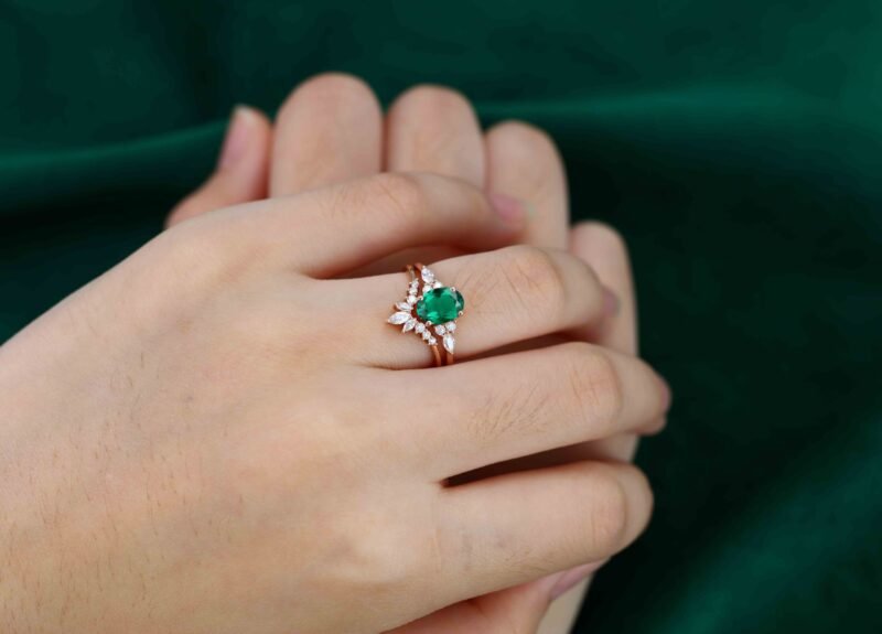 Oval Lab Emerald engagement ring set Unique Vintage Moissanite engagement ring Rose gold cluster ring Bridal Promise Anniversary gift