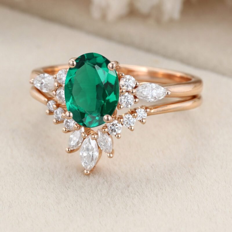 Oval Lab Emerald engagement ring set Unique Vintage Moissanite engagement ring Rose gold cluster ring Bridal Promise Anniversary gift