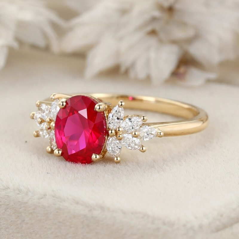 Oval Lab Ruby engagement ring vintage Yellow Gold Cluster engagement ring marquise Opal wedding Bridal Promise gift for her