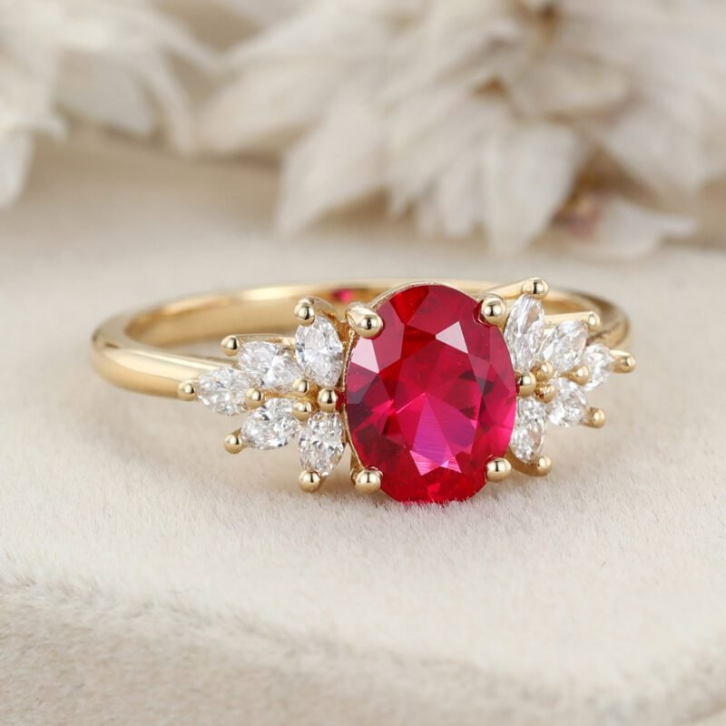 Oval Lab Ruby engagement ring vintage Yellow Gold Cluster engagement ring marquise Opal wedding Bridal Promise gift for her