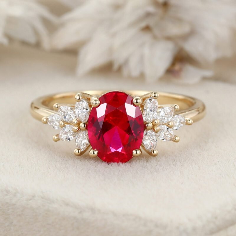 Oval Lab Ruby engagement ring vintage Yellow Gold Cluster engagement ring marquise Opal wedding Bridal Promise gift for her