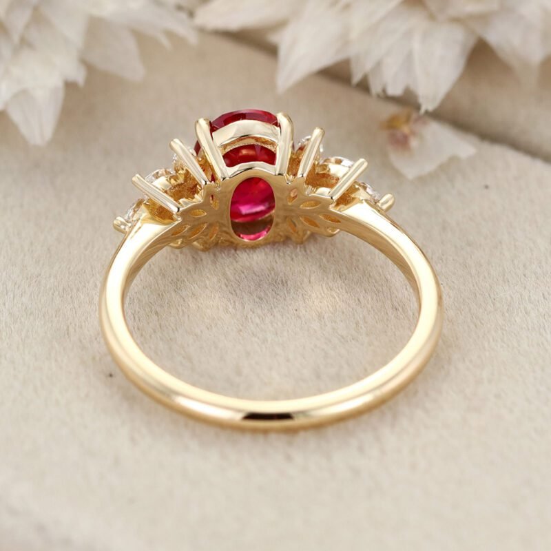 Oval Lab Ruby engagement ring vintage Yellow Gold Cluster engagement ring marquise Opal wedding Bridal Promise gift for her