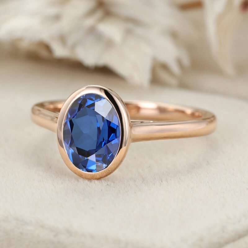Oval Lab Sapphire Engagement Ring Solitaire Ring Rose Gold Sapphire Ring Classic Ring September Birthstone Bezel Setting Anniversary Gift