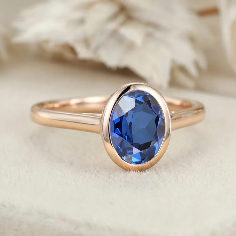 Oval Lab Sapphire Engagement Ring Solitaire Ring Rose Gold Sapphire Ring Classic Ring September Birthstone Bezel Setting Anniversary Gift