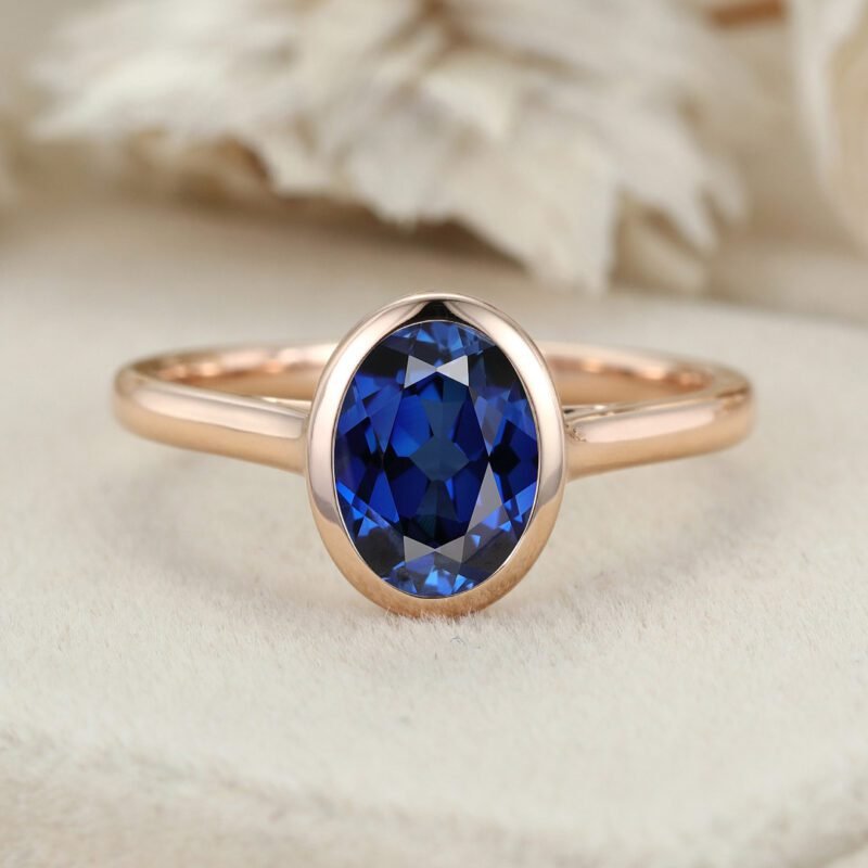 Oval Lab Sapphire Engagement Ring Solitaire Ring Rose Gold Sapphire Ring Classic Ring September Birthstone Bezel Setting Anniversary Gift