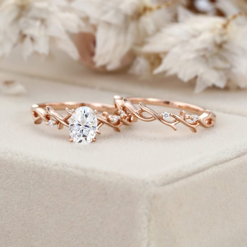 Oval Moissanite Engagement Ring Set Vintage 14K Rose Gold Twist Wedding Ring