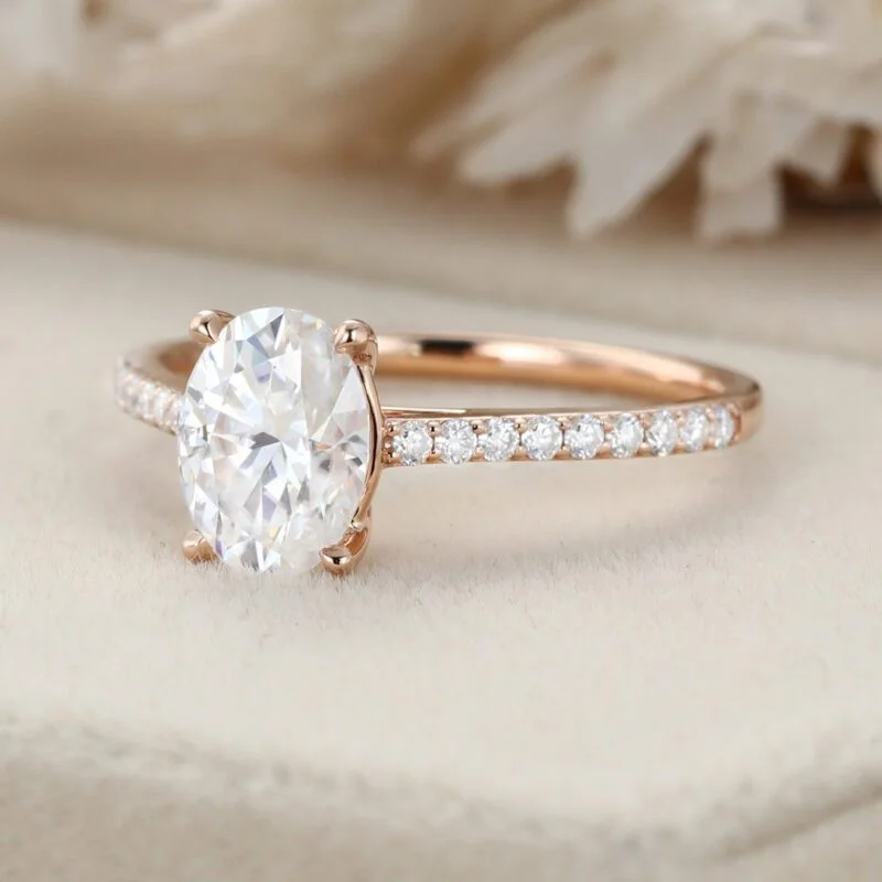 Oval Moissanite engagement ring Unique engagement ring Vntage Rose gold woman Half eternity Diamond wedding Bridal ring Anniversary gift