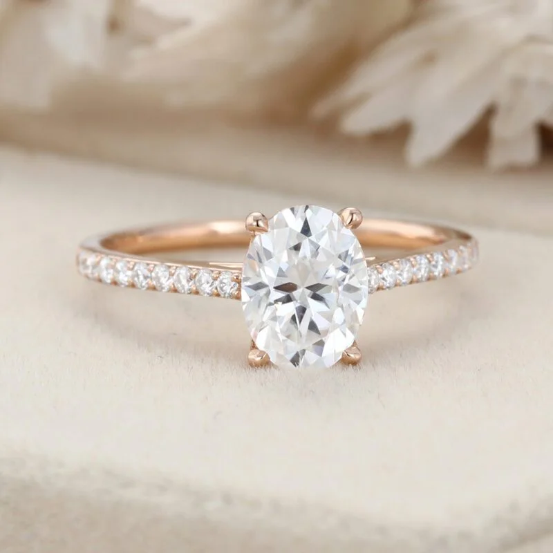 Oval Moissanite engagement ring Unique engagement ring Vntage Rose gold woman Half eternity Diamond wedding Bridal ring Anniversary gift