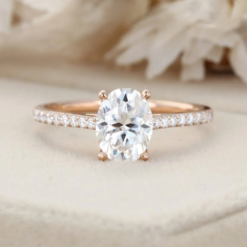 Oval Moissanite engagement ring Unique engagement ring Vntage Rose gold woman Half eternity Diamond wedding Bridal ring Anniversary gift