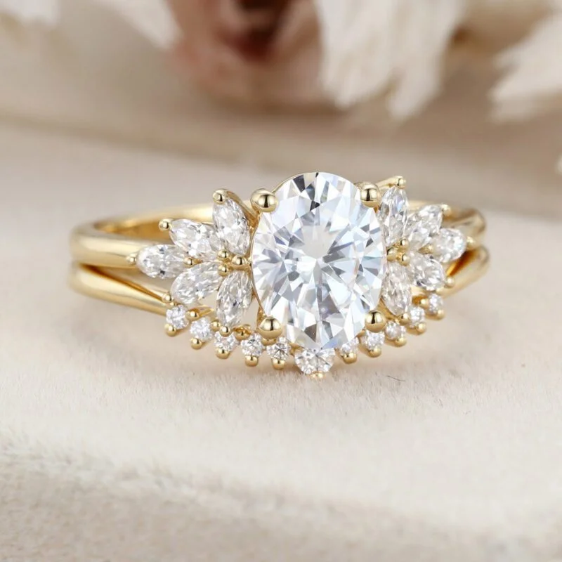 Oval Moissanite engagement ring set vintage 14K Yellow gold marquise Cluster engagement ring Diamond wedding Bridal Promise gift for women