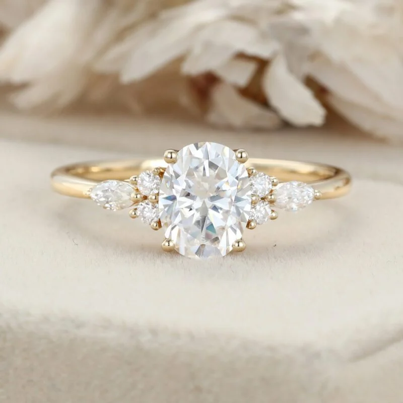 Oval Moissanite engagement ring Unique Yellow gold engagement ring women vintage Cluster Marquise diamond wedding Bridal Anniversary gift