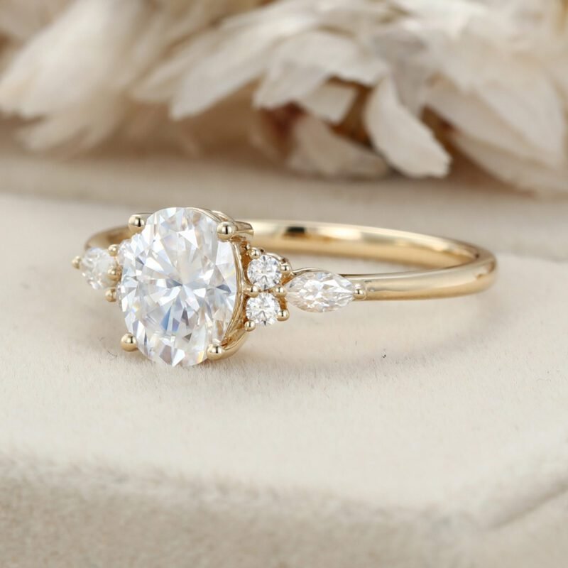 Oval Moissanite engagement ring Unique Yellow gold engagement ring women vintage Cluster Marquise diamond wedding Bridal Anniversary gift