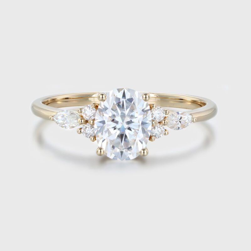 Oval Moissanite engagement ring Unique Yellow gold engagement ring women vintage Cluster Marquise diamond wedding Bridal Anniversary gift