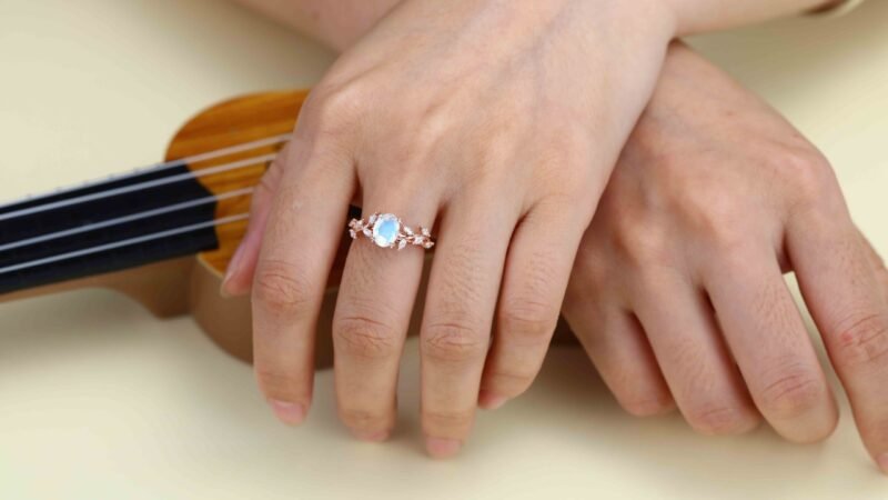 Oval Moonstone Engagement Ring Branch Marquise Diamond Cluster Handcrafted 14K Rose Gold Ring