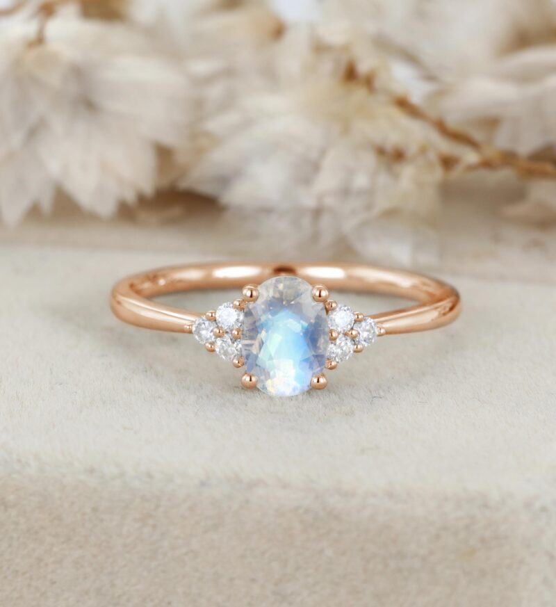 Oval Moonstone Engagement Ring Women Vintage 14K White Gold Woissanite Engagement Ring Art Deco Cluster Ring Bridal Promise Anniversary Ring