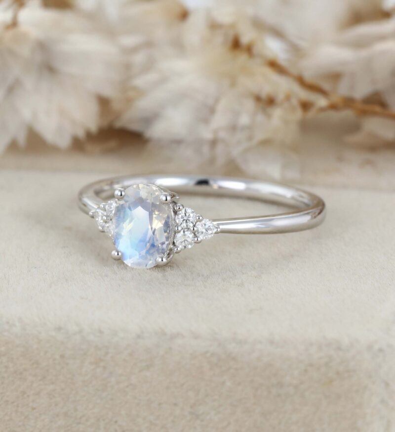 Oval Moonstone Engagement Ring Women Vintage 14K White Gold Woissanite Engagement Ring Art Deco Cluster Ring Bridal Promise Anniversary Ring