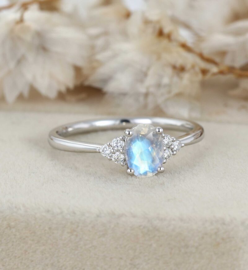 Oval Moonstone Engagement Ring Women Vintage 14K White Gold Woissanite Engagement Ring Art Deco Cluster Ring Bridal Promise Anniversary Ring