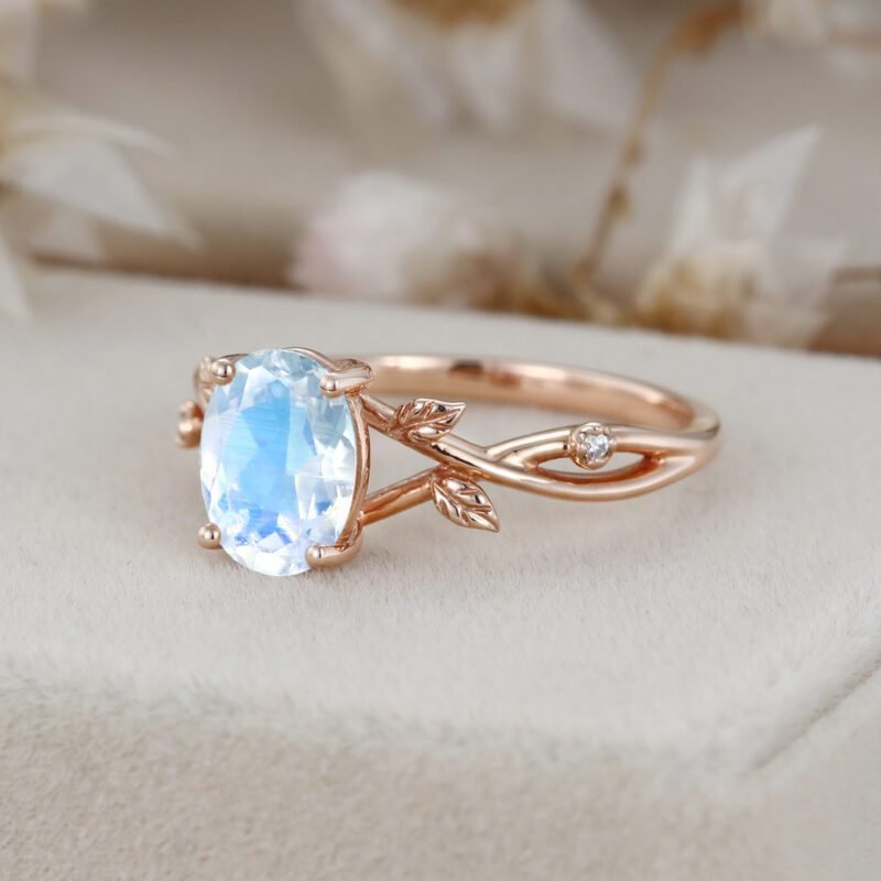Oval Moonstone engagement ring ring Leaf Branch DiamondEngagement Ring 14K Rose Gold Wedding Ring Unique Twig Promise Ring