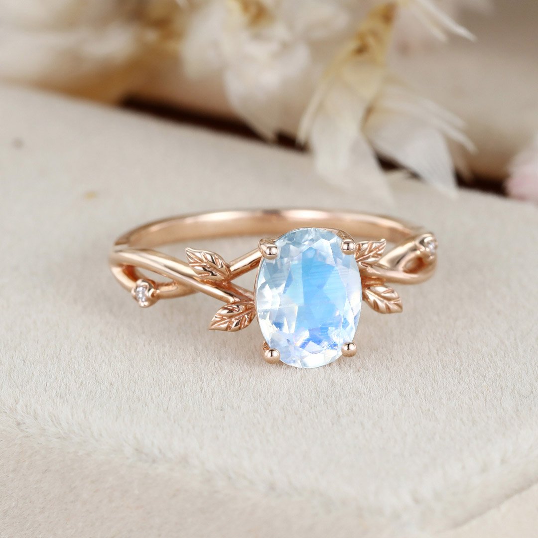 Moonstone Ring With Marquise Pavé Curved Wedding Band Set -