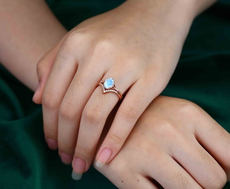 Oval Moonstone engagement ring set Vintage unique Rose gold engagement ring women Diamond wedding Bridal Anniversary gift art deco