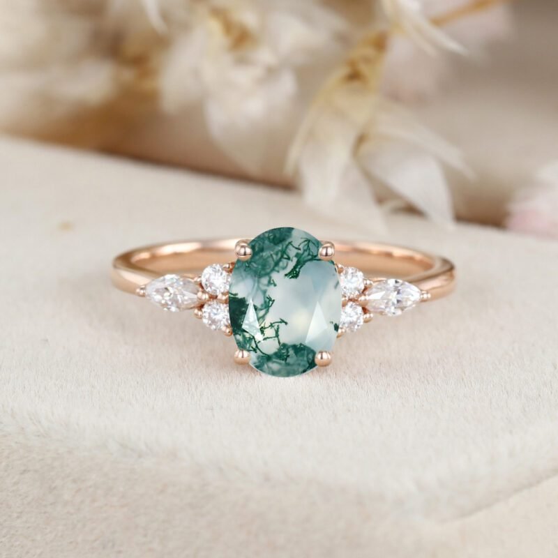 Oval Moss agate engagement ring Unique Rose gold engagement ring women Marquise ring Cluster engagement ring Bridal promise Anniversary gift