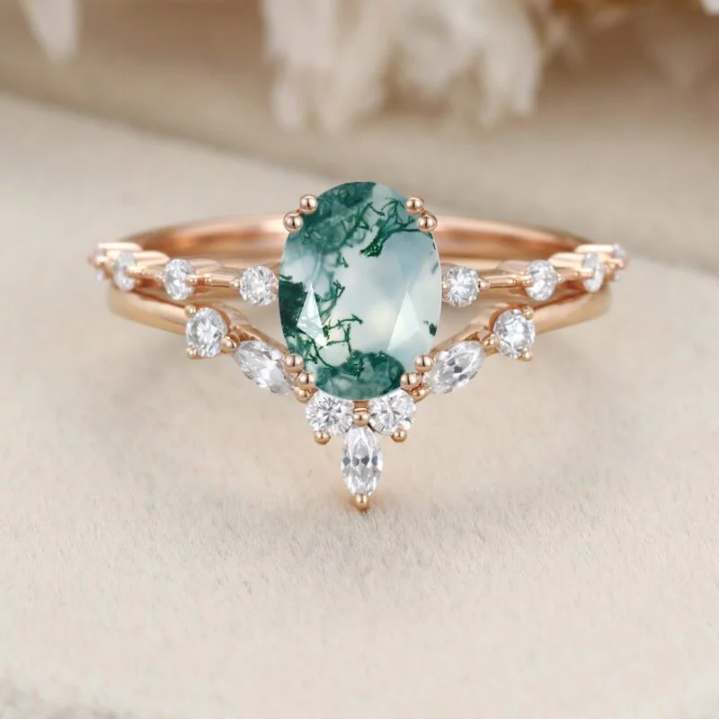 Oval Moss agate engagement ring set Vintage Rose gold engagement ring Unique moissanite engagement ring wedding Bridal Promise Anniversary