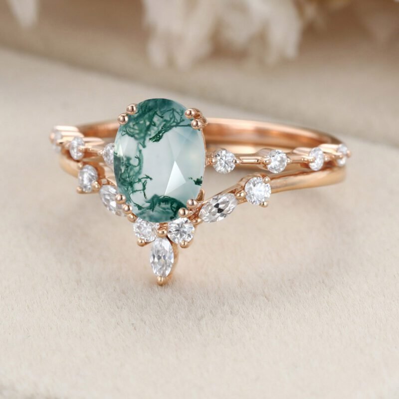 Oval Moss agate engagement ring set Vintage Rose gold engagement ring Unique moissanite engagement ring wedding Bridal Promise Anniversary