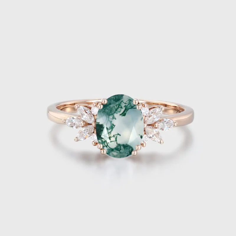 Oval Cut Natural Green Moss Agate Promise Ring Vintage Women 14k Rose Gold Wedding Bridal Ring