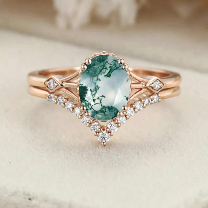 Oval Natural Moss Agate engagement ring set Vintage unique rose gold engagement ring woman Diamond wedding Bridal Anniversary gift