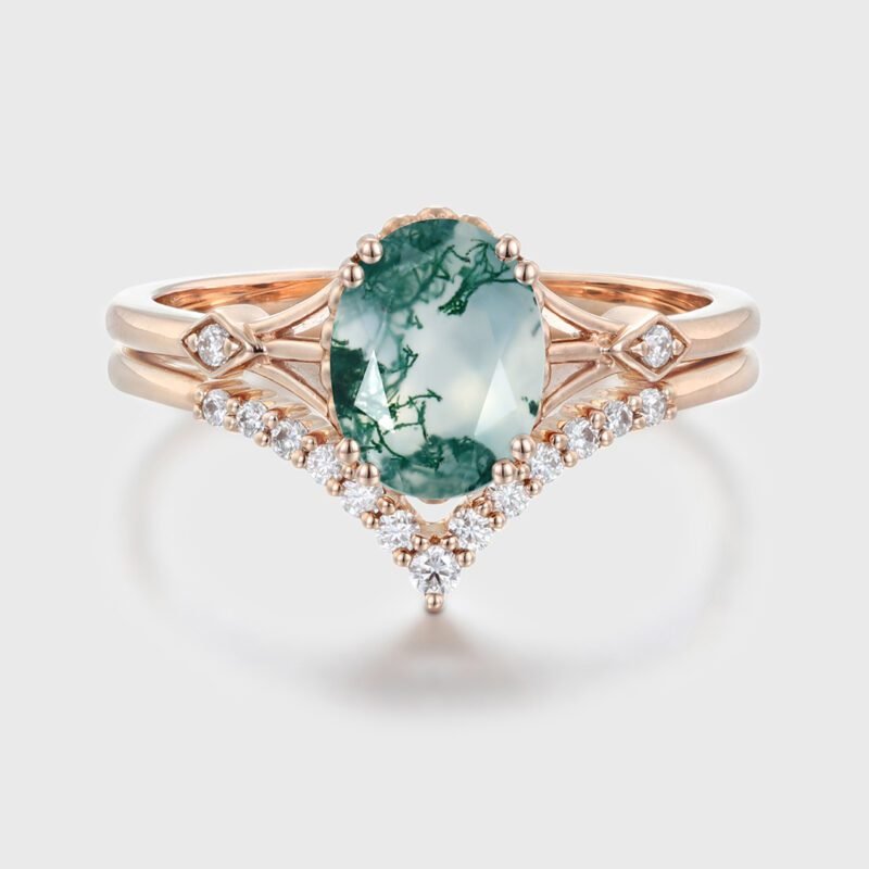 Oval Natural Moss Agate engagement ring set Vintage unique rose gold engagement ring woman Diamond wedding Bridal Anniversary gift