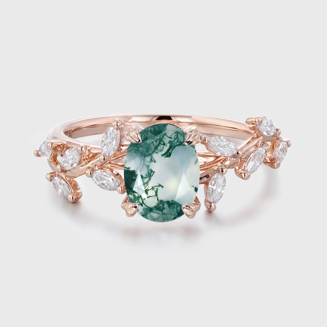Oval Cut Nature Inspired Floral Moss Agate Engagement Ring Branch