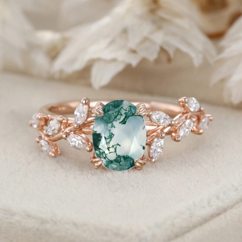 Oval Nature Inspired Floral Moss Agate Engagement Ring Branch Marquise Moissanite Cluster Ring 14K Solid Gold Ring