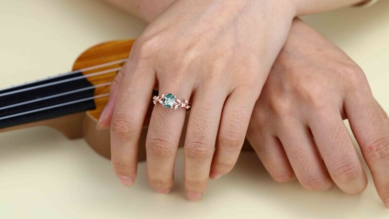 Oval Nature Inspired Floral Moss Agate Engagement Ring Branch Marquise Moissanite Cluster Ring 14K Solid Gold Ring