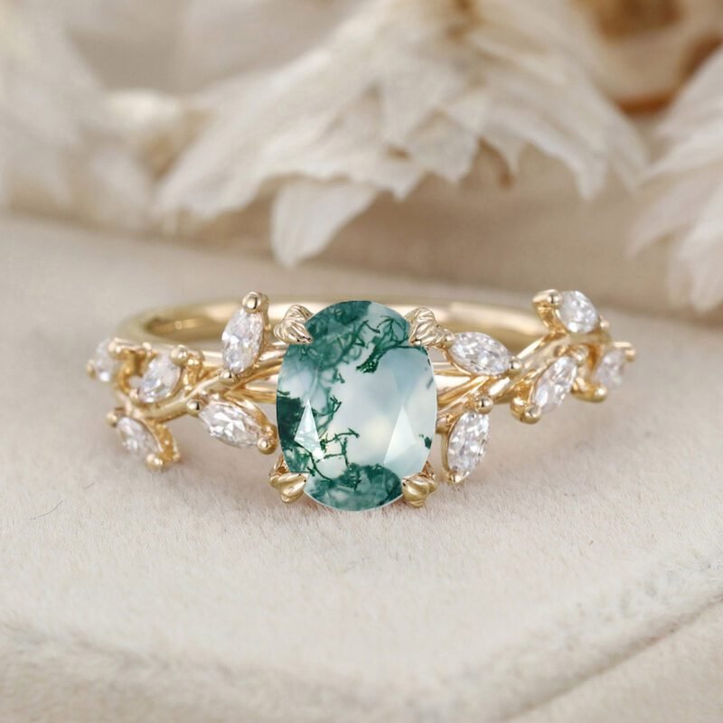 Oval Nature Inspired Floral Moss Agate Engagement Ring Branch Marquise Moissanite Cluster Ring 14K Solid Gold Ring