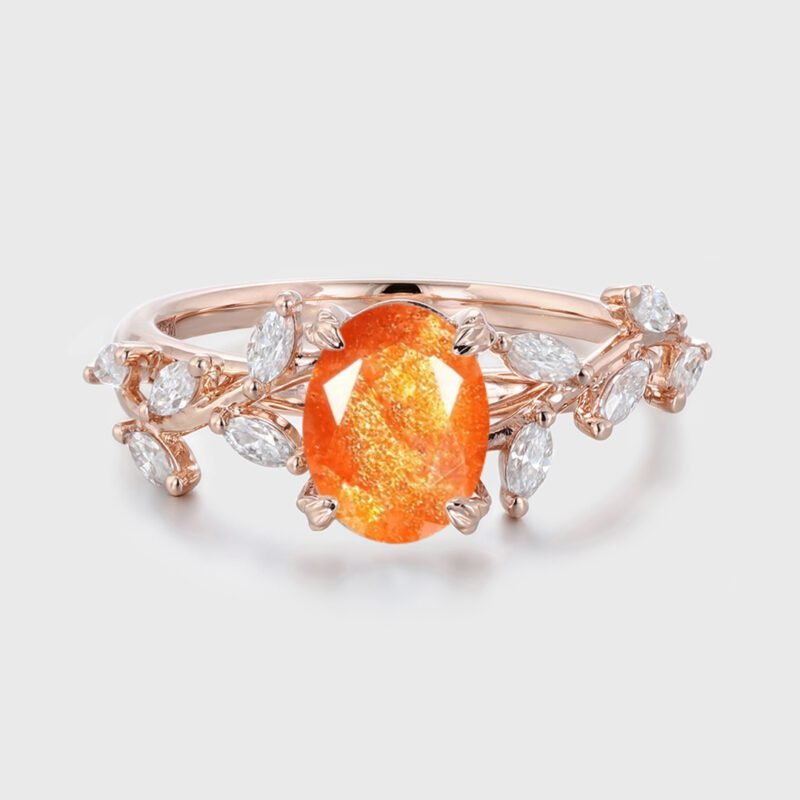 Oval Cut Nature Inspiration Sunstone Engagement Ring Branch Cluster Solid Gold Ring