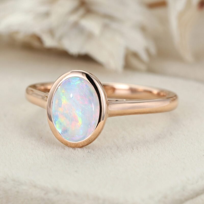Oval Opal Bezel Solitaire Engagement Ring Opal Bezel Wedding Ring Solitaire Bridal Ring Simple Wedding Ring Rose Gold engagement ring