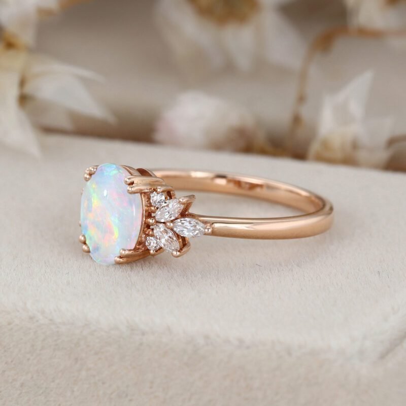 Oval Opal engagement ring Vintage women Rose gold moissanite ring Unique diamond wedding ring Bridal marquise cut art deco ring