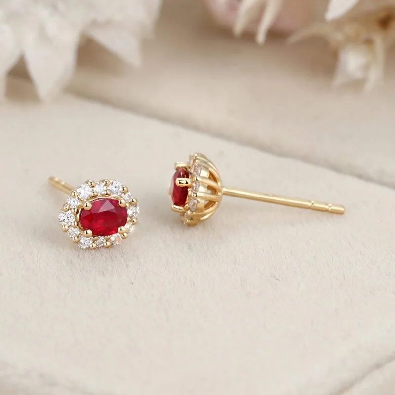 Oval Ruby Stud Earrings Moissanite Halo Earrings Elegant Earrings 18KYellow gold Earrings Dainty Diamond Earrings