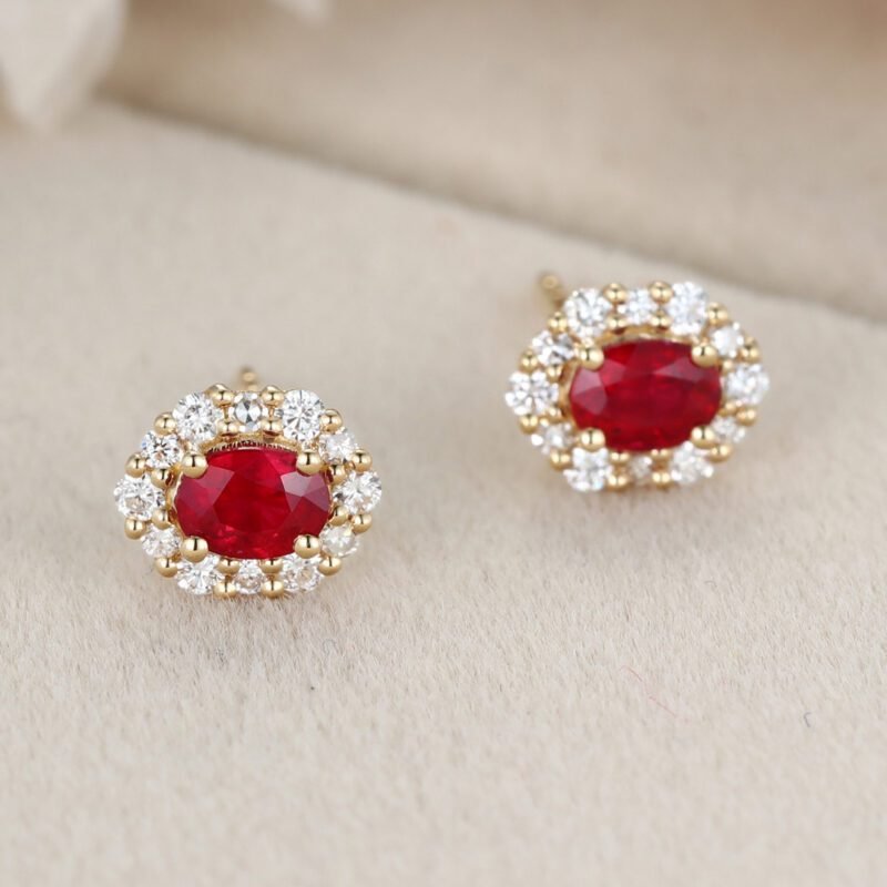 Oval Ruby Stud Earrings Moissanite Halo Earrings Elegant Earrings 18KYellow gold Earrings Dainty Diamond Earrings