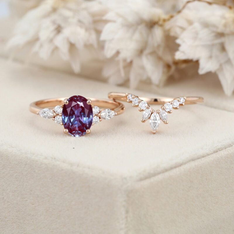 Oval Shaped Alexandrite Engagement Ring Set Vintage Rose Gold Moissanite Marquise ring Art Deco Wedding Set Bridal Anniversary promise ring