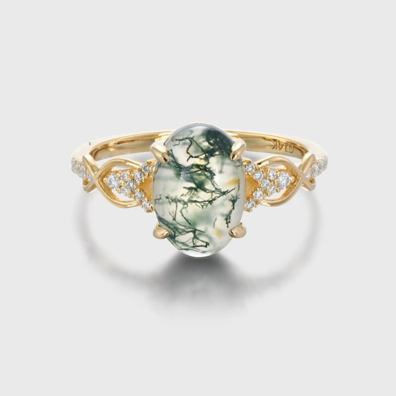 Oval Shaped Moss Agate Ring Vintage Rose Gold Engagement Ring Crossed Diamond Bridal Ring Half Eternity Twisted Ring Delicate Marriage Ring